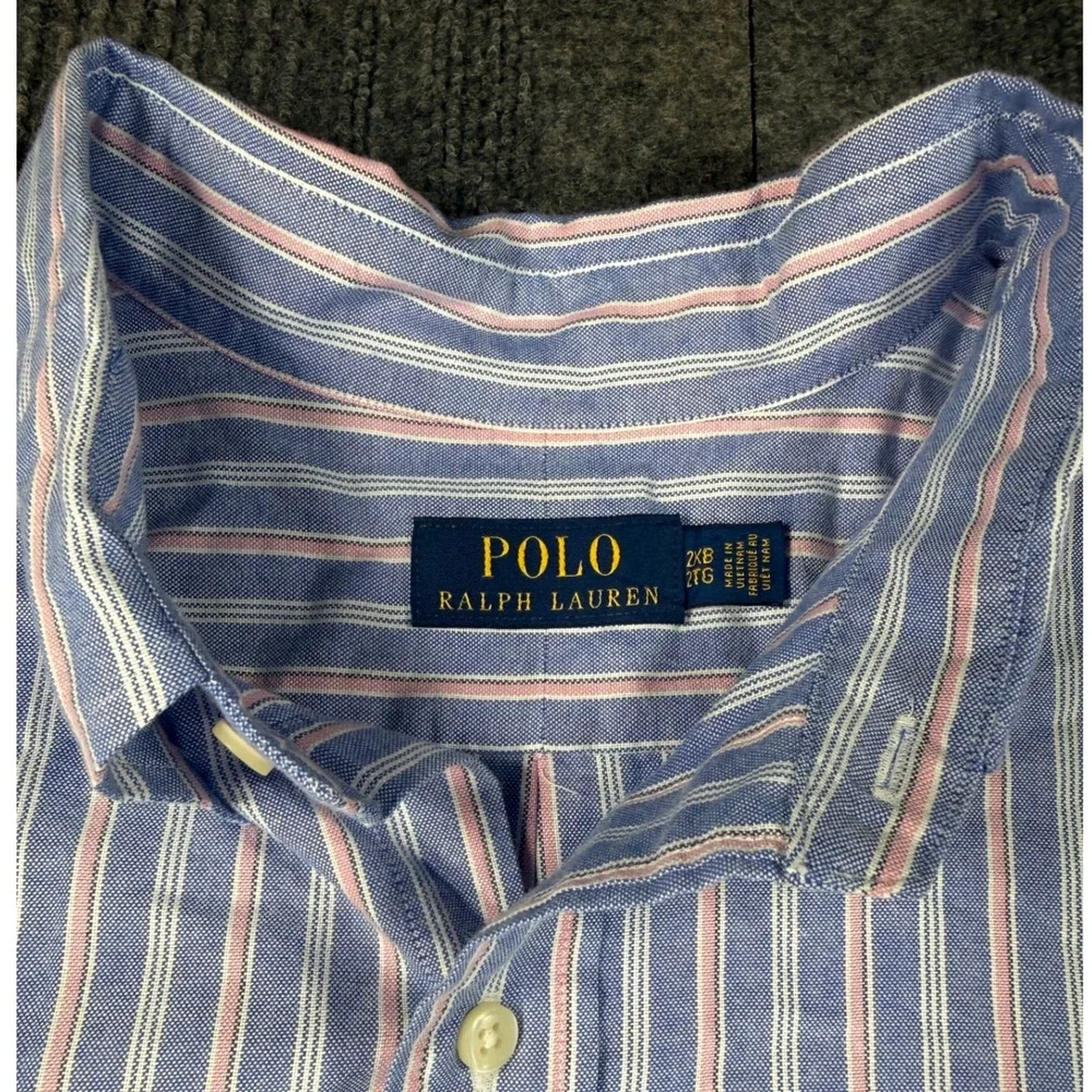 Polo Ralph Lauren Mens 2XB Big & Tall Blue Pink Striped SS Oxford Shirt Cotton